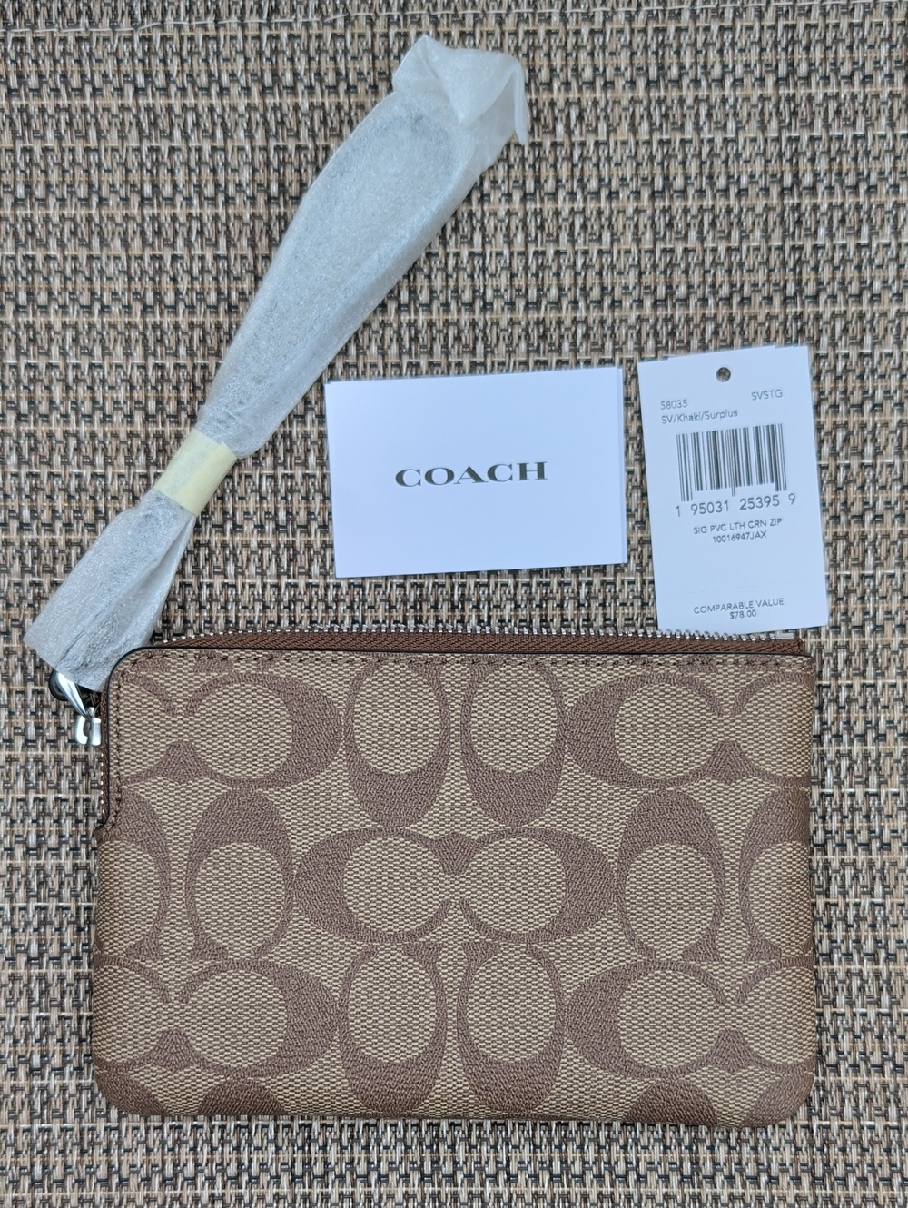 Coach Brown Signature Canvas Wristlet with Olive Center Stripe (58035) NWT - Picture 2 of 3